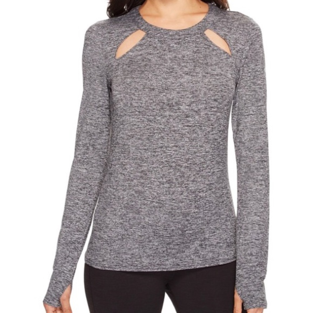 Alo Yoga Heather Gray Mantra Long Sleeve Top with Shoulder Cutouts